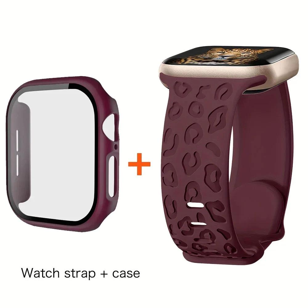 Glass+Case+Strap for Apple Watch Band 45mm 44mm 41mm 40mm Engraved Leopard belt for Apple IWatch Series 10 8 7 6 SE 5 46mm 42mm
