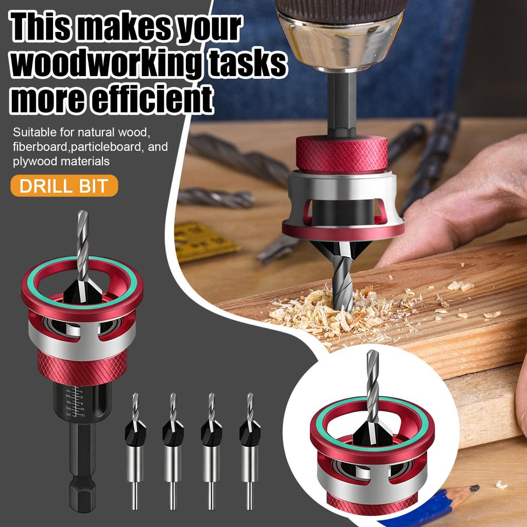 Two-Flute Counterbore With Adjustable Depth Stop, Countersink Drill Bit Set, 4PCS Four-Flute Tapered Drill Bits For Woodworking, Cabinetry, DIY