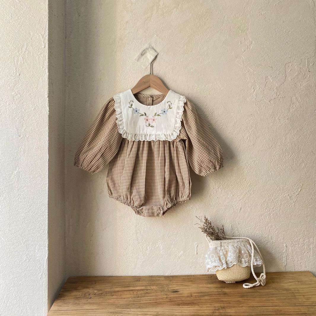 Autumn Baby Girls  Forest Style Plaid Bodysuit with Embroidered Lace Collar and Snap Crotch 80cm