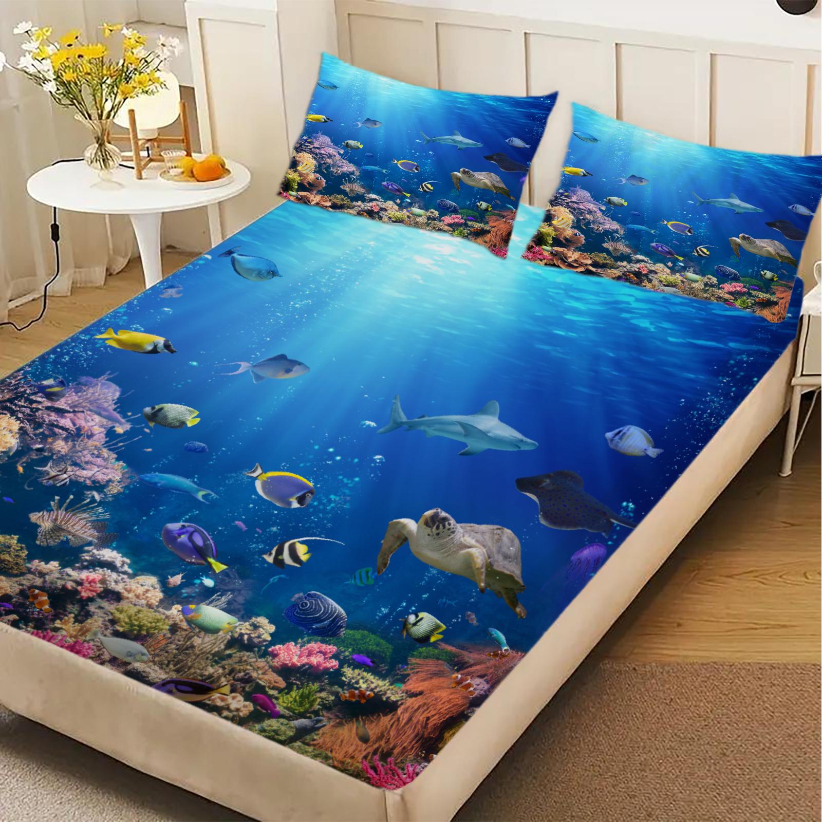 Ocean View Fitted Sheet Set Blue Underwater Sea Life Coral Reef Fish And Turtle Print Bedding With Pillowcases For Bedroom 150x200x25cm