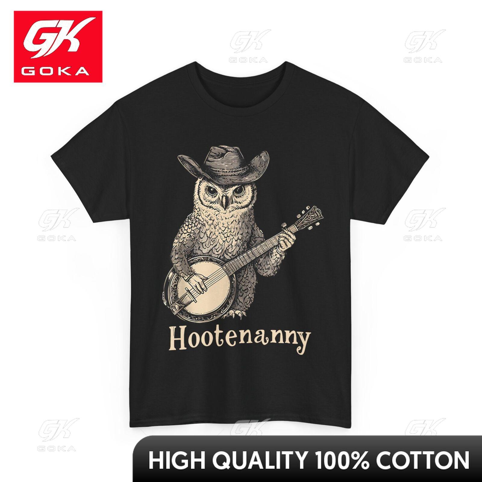 Owl Playing Banjo Tshirt Hootenanny Owl Guitar Women Casual Collar Short Sleeve Tee Cute Minimalist Style All Cotton Printed S