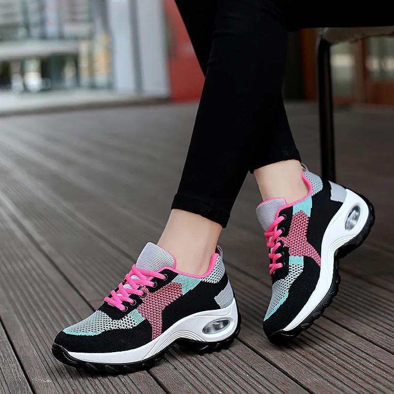 Air Cushion Women's Shoes Spring Trend Flying Woven Mother Shoes Mesh Breathable Lightweight Sports Shoes Sports Leisure