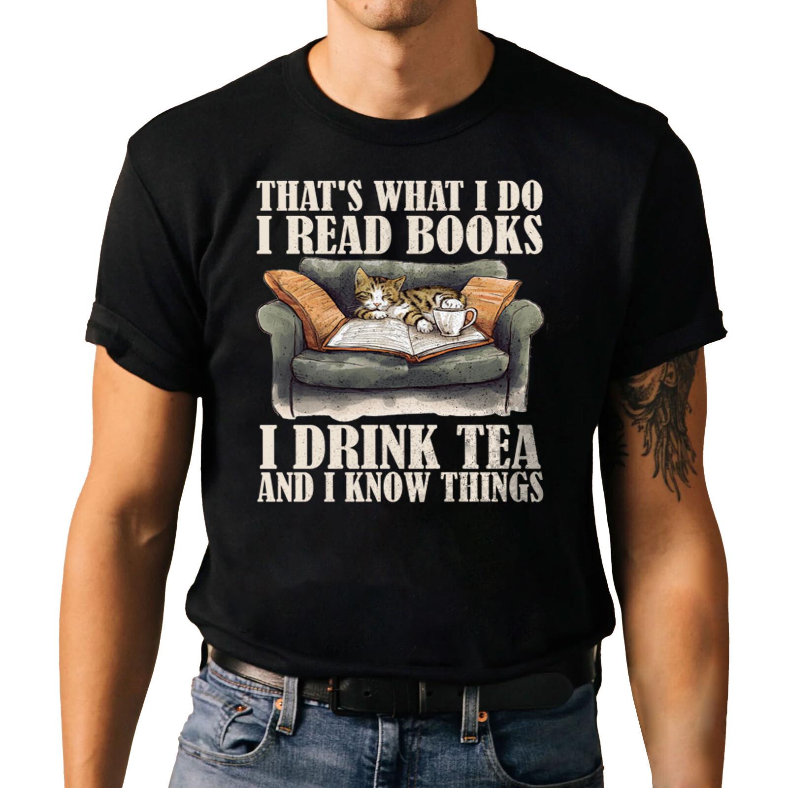 Funny Cat T-shirt I read Books I Drink Tea Novelty Graphic Tee Shirt XL