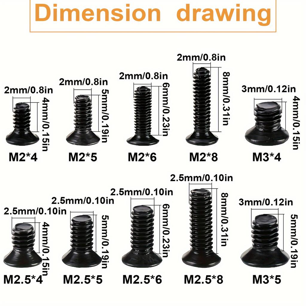 500 Pieces of Flat Head Cross Screws for Laptop, Including M2, M2.5, M3, DIY Black Bolts Screw Kit