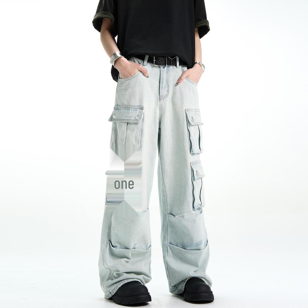 Unisex Light Wash Wide-Leg Workwear Jeans with Multi-Pocket Heavy-Duty Design