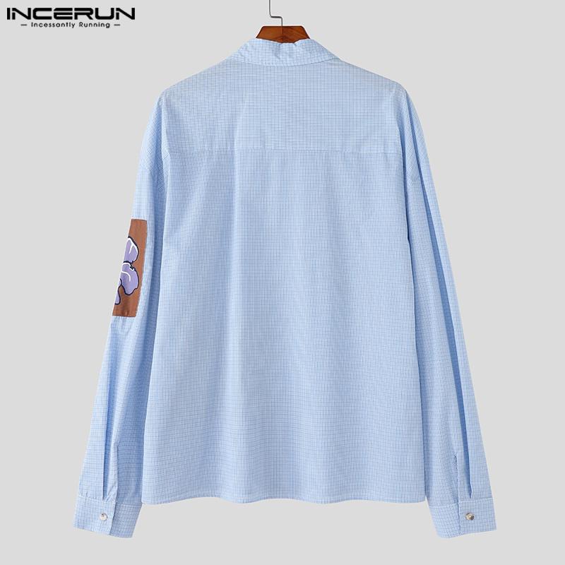 INCERUN Oversized Men Lapel Neck Long Sleeve Floral Print Plaid Casual Shirts Tops