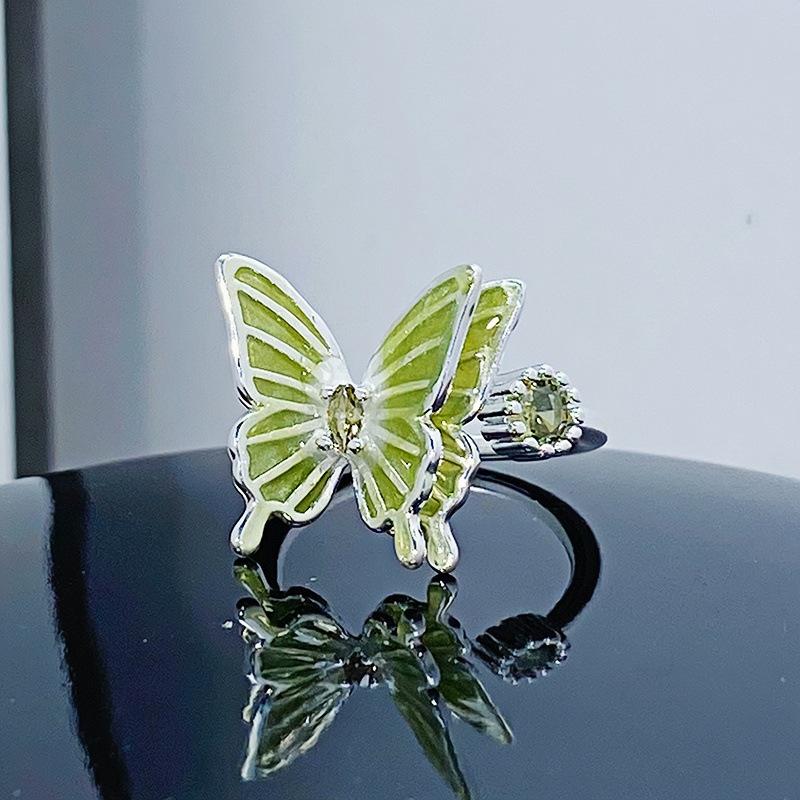 Grüner Emaille Öltropfen Schmetterling Blume Zir*****Stift Ring Klein Frisch Leichter Luxus Hoher Sinn Ring Frau