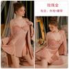 Satin mesh side seduction straps deep V plus chest pad nightdress robe women's loungewear set