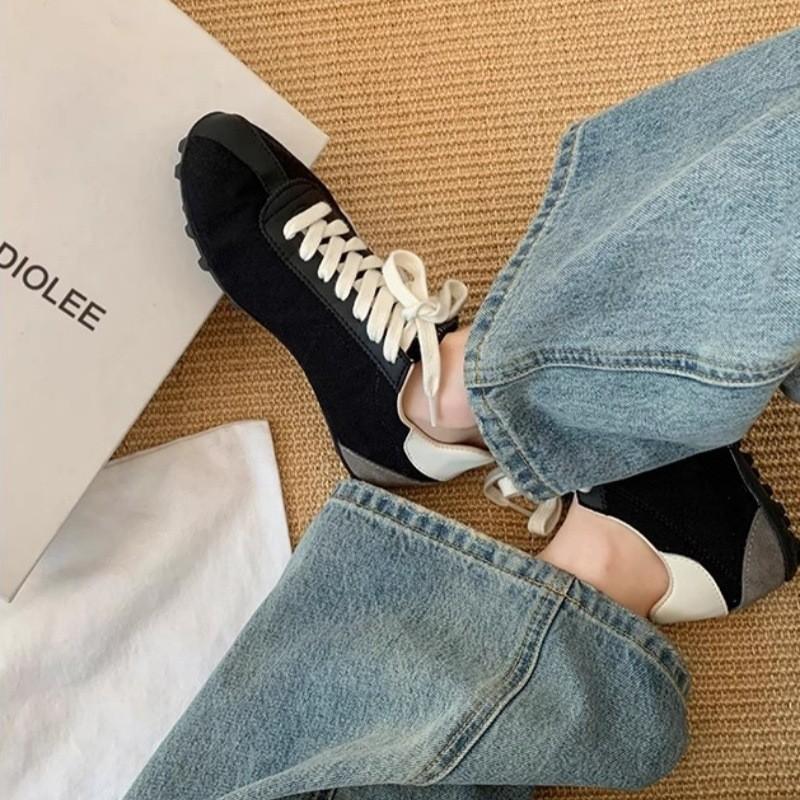 Cowhide Version~ Retro Leather German Training Shoes Women's New Color Matching Soft-soled Versatile Casual Sports Shoes Flat-soled Forrest Gump Shoes