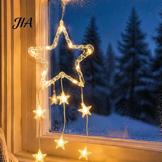 New Year Festive Atmosphere Light LED Christmas Window Star Decoration, Battery Operated Hanging Warm Indoor Outdoor Decorations Lighted Shaped