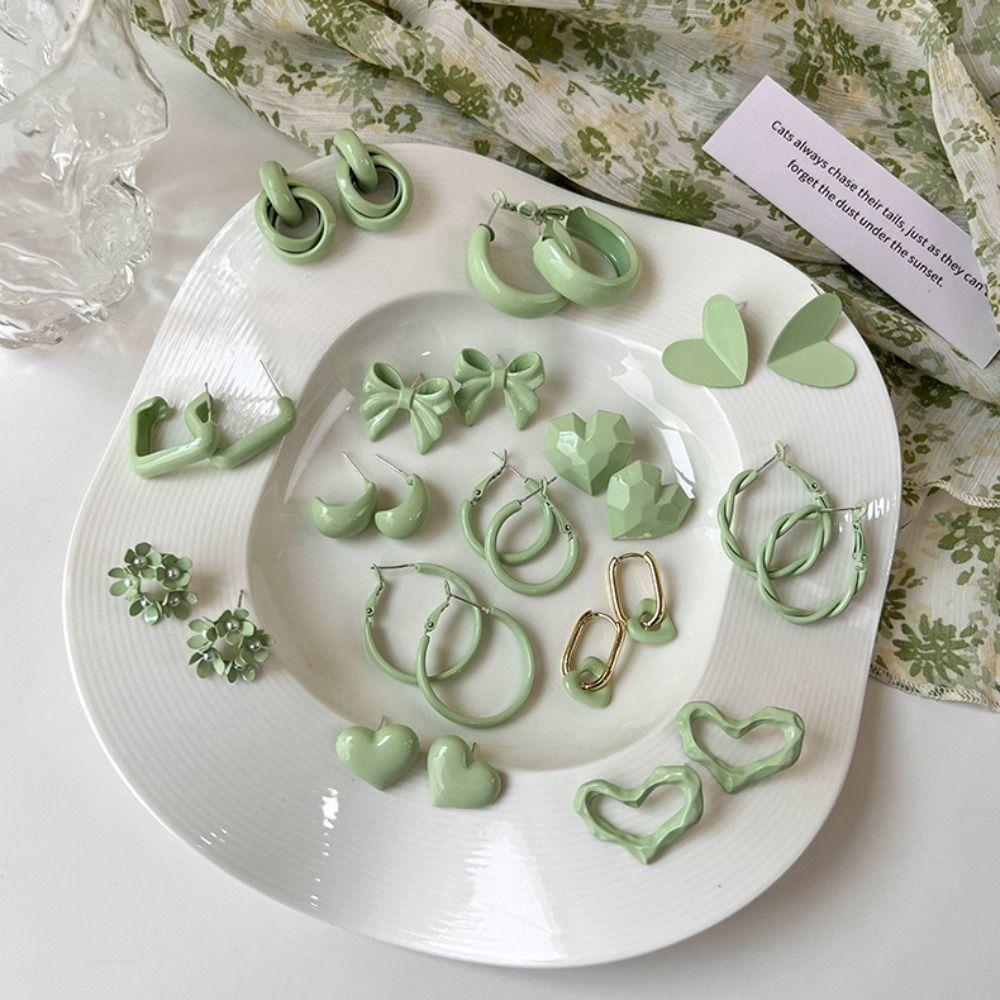 

Круглые серьги в корейском стиле с бантом, женские ювелирные изделия, серьги-гвоздики в форме сердца, серьги зеленого цвета, серия