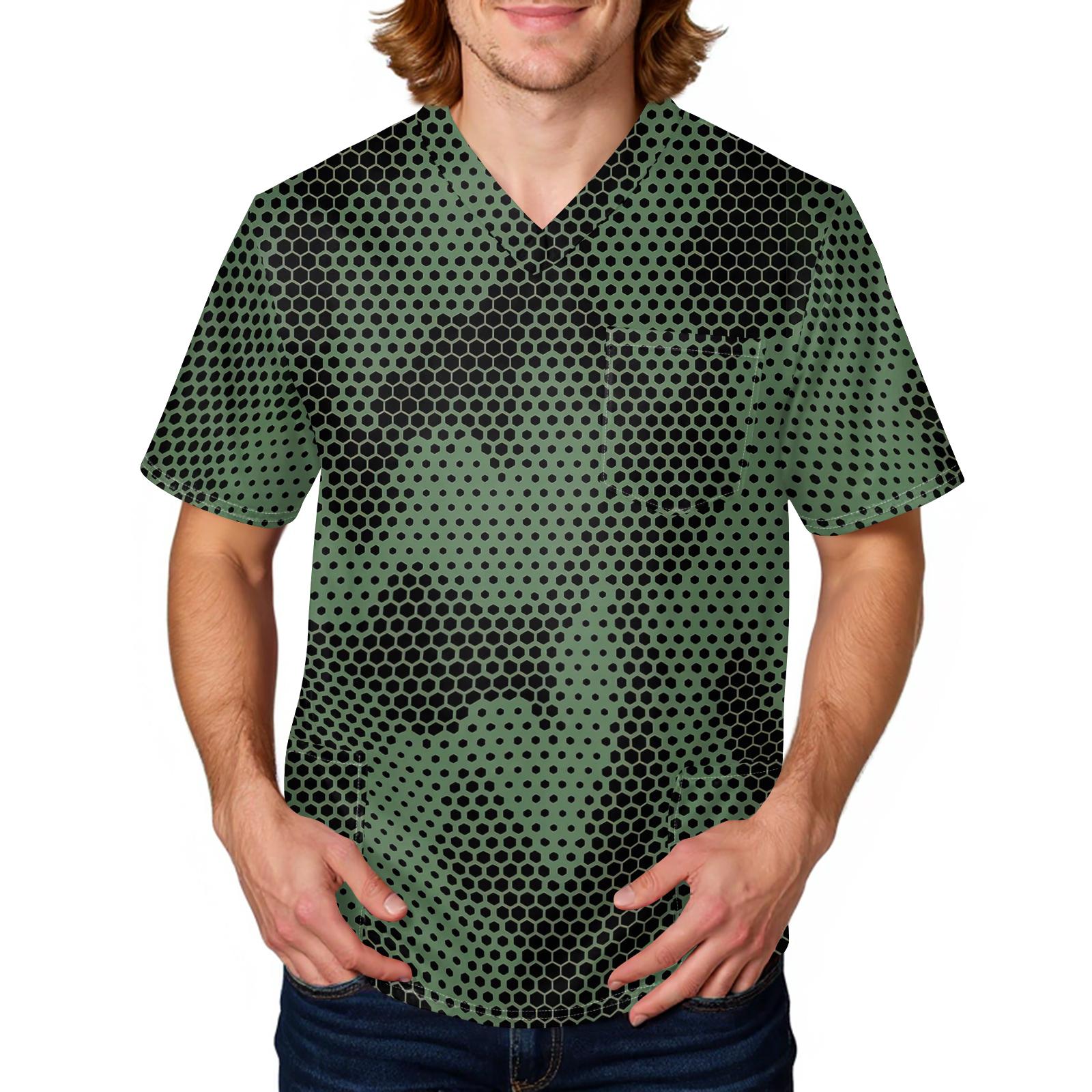 

Men’s Short Sleeve V Neck Scrub Top with Digital Camouflage Print Relaxed Fit Functional Pockets Durable Material S зелёный