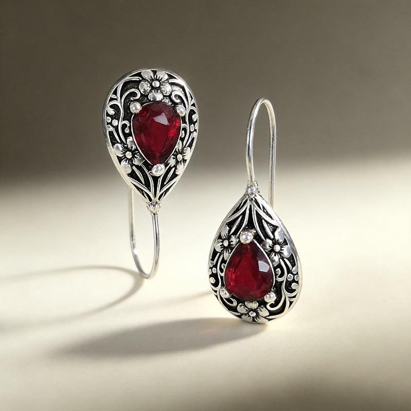 925 Sterling Silver Earrings For Women Trendy Geometric Retro Red Stone Earring Jewelry Prevent Allergy Party Gift Accessories