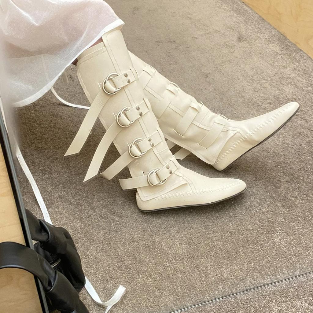 2025 autumn and winter new pointed thick heel medium heel women's boots belt buckle side zipper knight boots long boots fashion boots women's boots