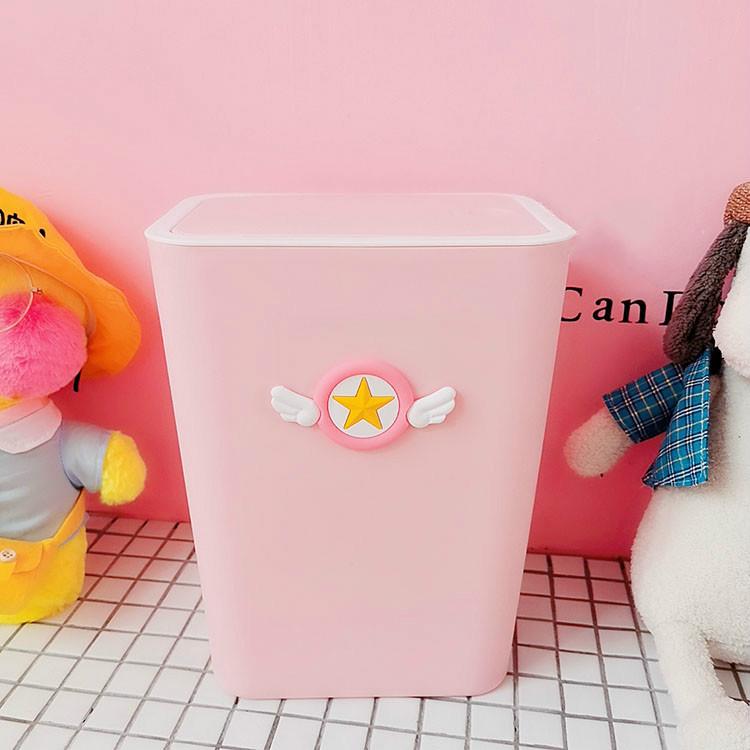 Cartoon Card Captor Sakura Pink Plastic Waste Bin With Lid Kitchen Household Cute Large Ashbin Bucket Creative Pressed Trash Can