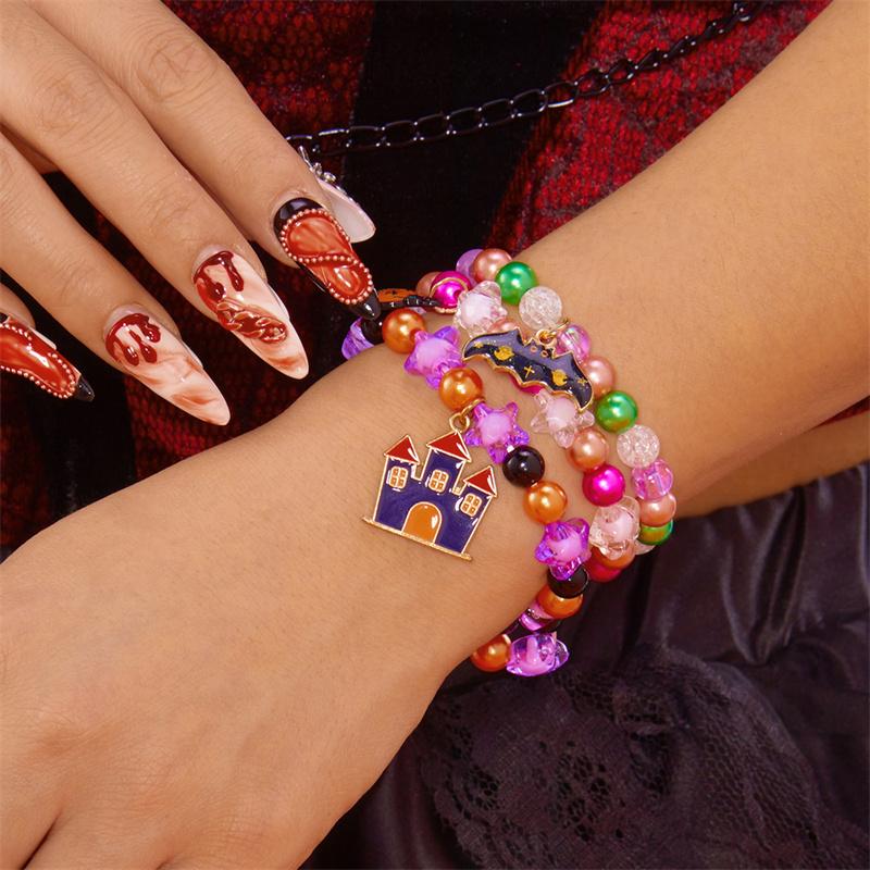 3Pcs/Set Halloween Ghost Black Cat Pendant Bracelets for Women Cartoon Pumpkin Bat Castle Beaded Bracelet Girl Party Jewelry