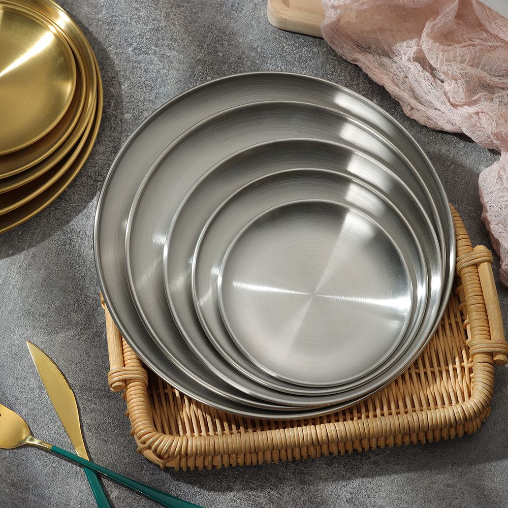 Stainless Steel Tableware Gold Silver Cake Dessert Metal Dining Disc Shallow Tray Bone Spitting Dish Round Plate