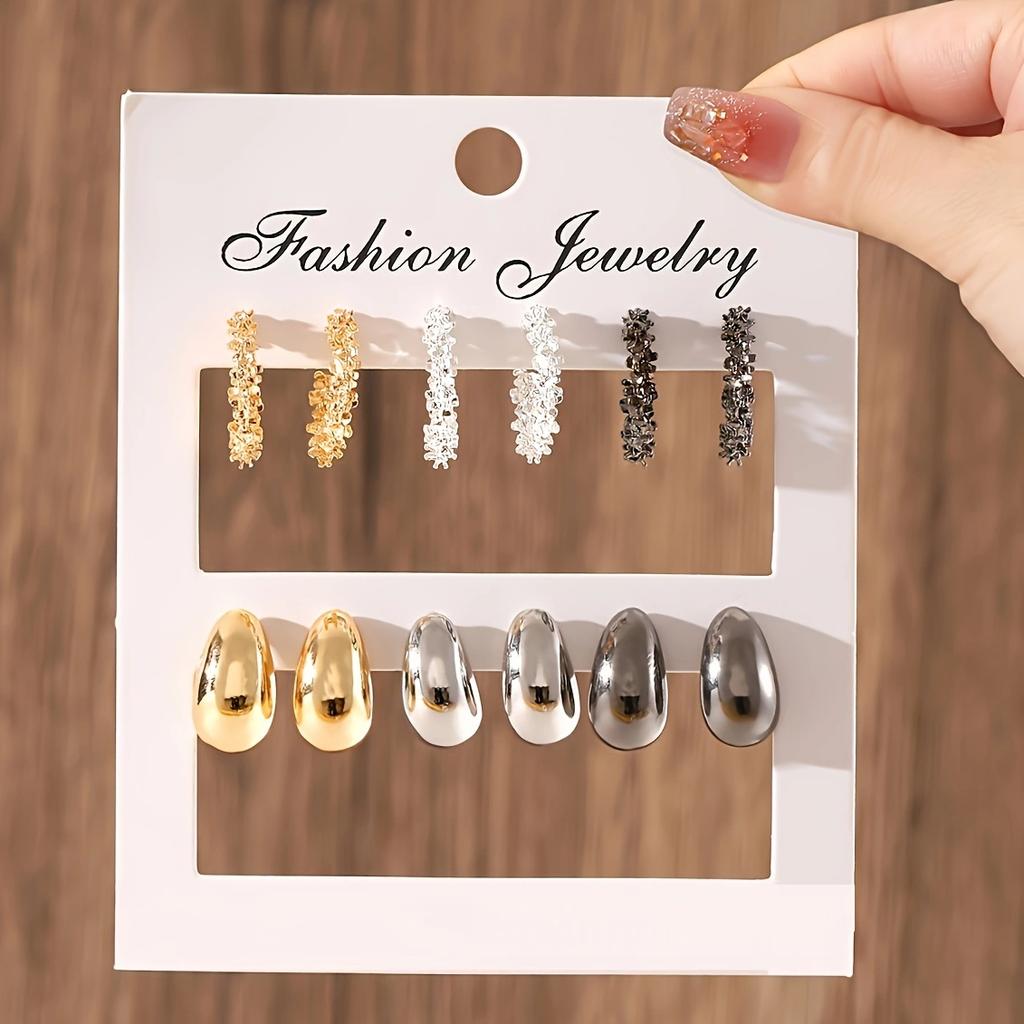6 Pair Fashion Multi-color Geometric C-shaped Stud Earrings Retro Statement Water Drop Earrings Women's Trend Party Zircon Set