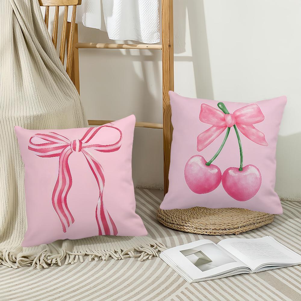 Art Pink Bow Cherry Lovely Kawaii Pillow Case Office Cushions Suitable For Sofa Car Bedroom Decorative Cushion Cover