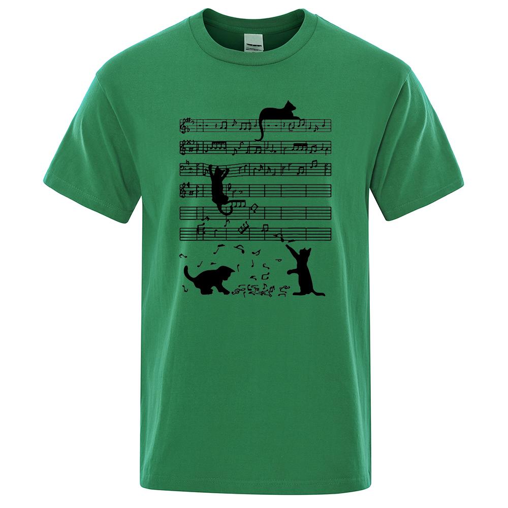 Cotton T Shirt Printed Cat Playing Staves Funny T-shirts for Men Summer Short Sleeve Top Tee Shirts Casual Basic Mens T-shirt