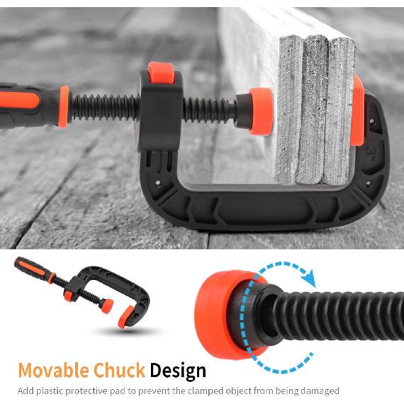 2Pcs C Clamp Set - Strong Clamping Force Plastic Rubber Clamps for Woodworking, DIY and Household Projects, Adjustable and Ergonomic with