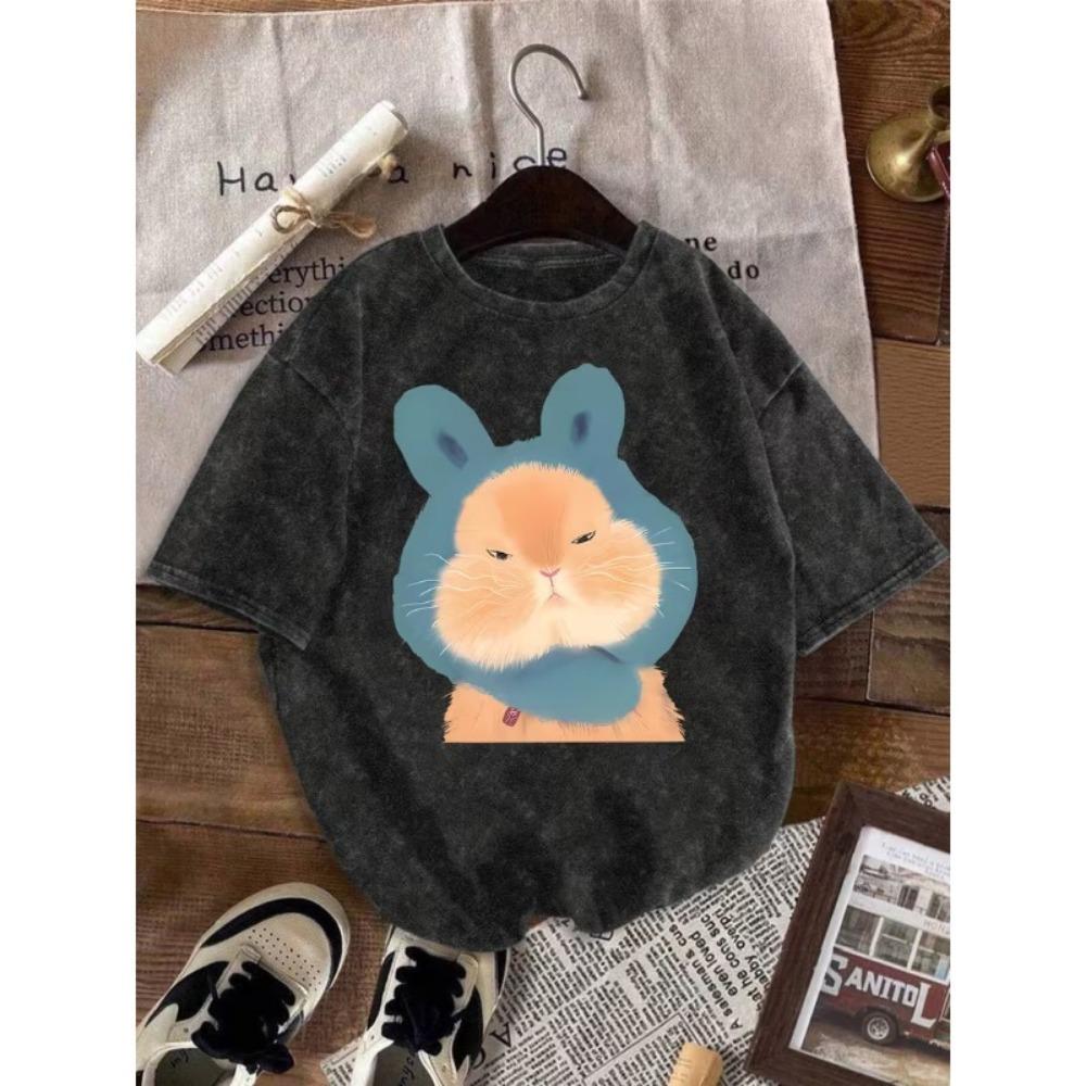 Summer Cartoon Bunny Rabbit Print T-Shirt Funny Cute Animal Graphic Casual Crew Neck Short Sleeve Tee for Men Women