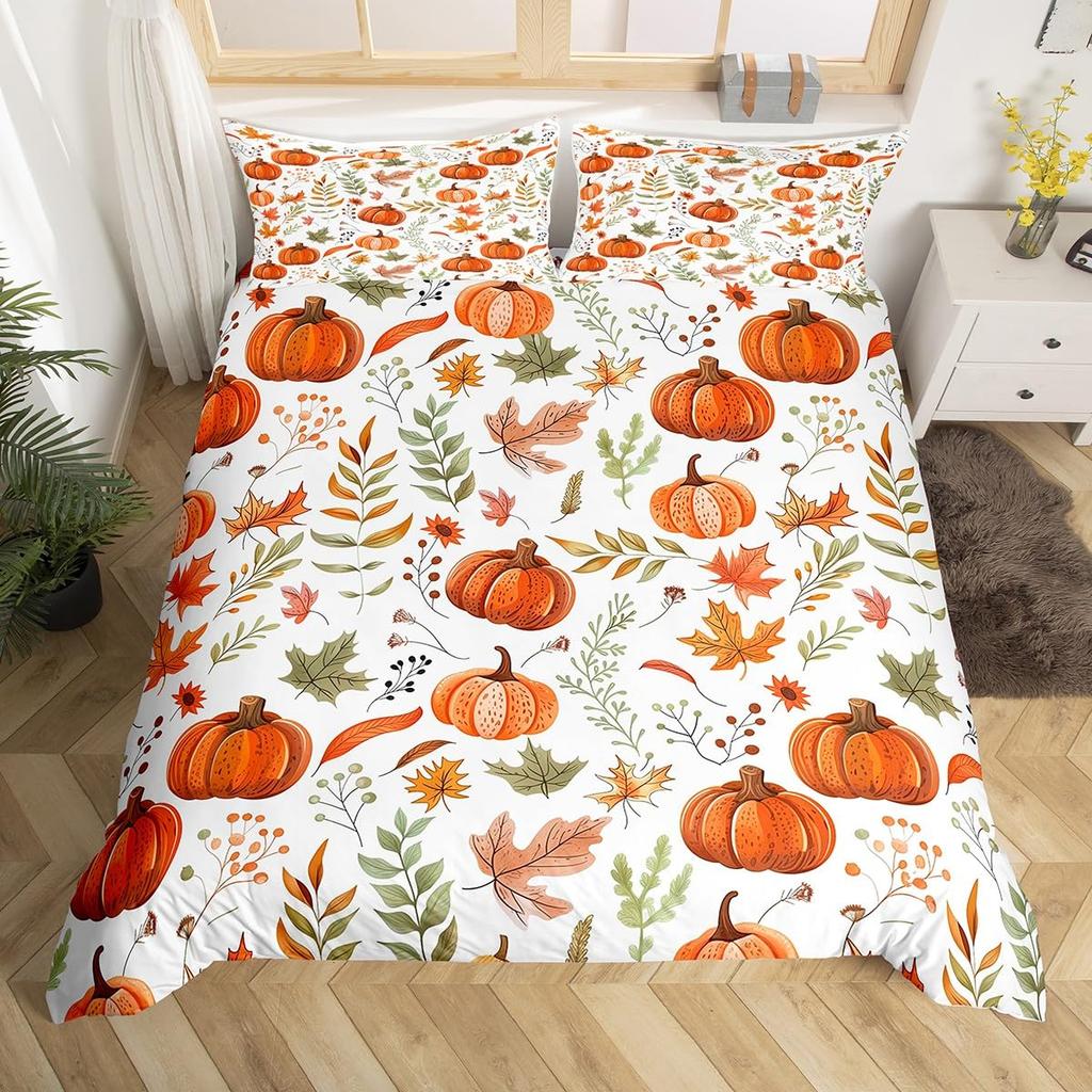 Herbst Kürbis Bettbezug Happy Fall Y'all Bettdeckenbezug für Jungen Mädchen Herbst Ahornblätter Bettwäscheset 3-teilig Bauernhaus Zimmerdeko