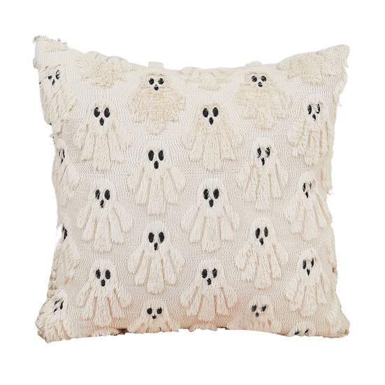 Halloween Decorative Pillow Cover Soft Plush Throw Cushion Case with 3D Embroidered Ghost Pumpkin Design for Couch Sofa Bedroom