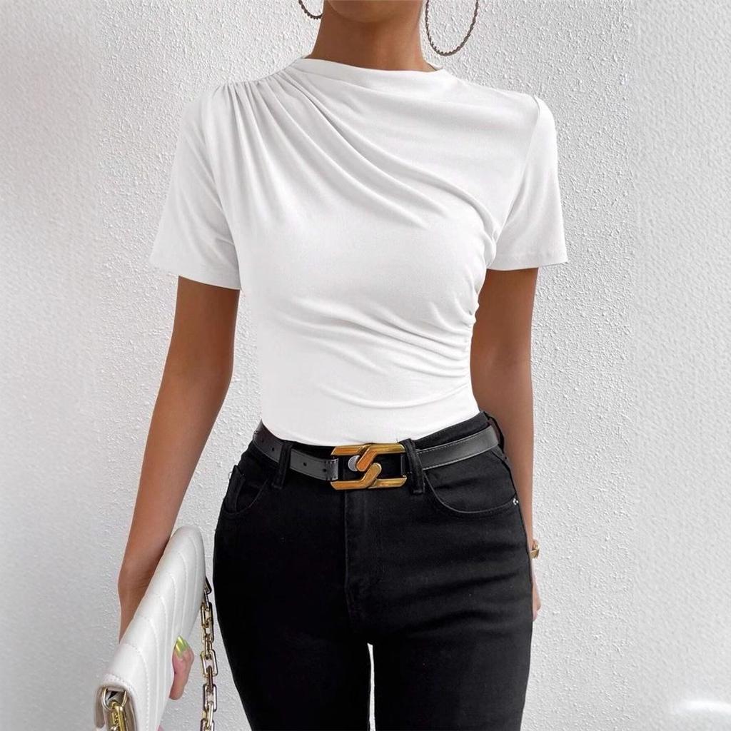 High Neck Ruched Slim-fit Short Sleeve Women's T-shirt 2025 Spring/Summer Collection