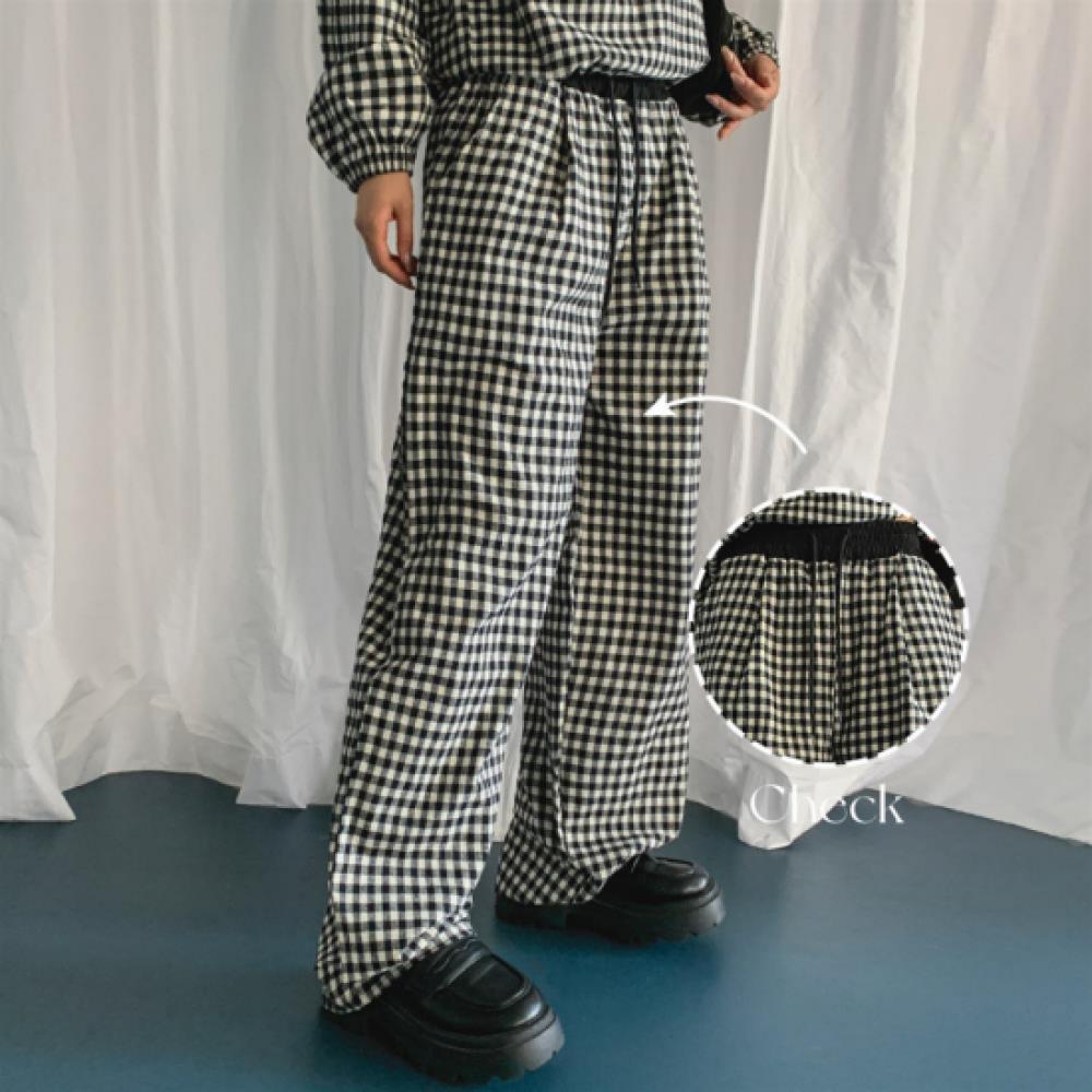 New Arrivals Open Run Women Check Pattern Wide Banding Pants