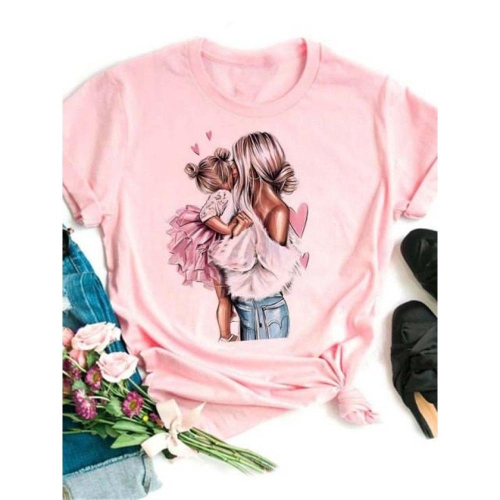 Maycaur Women T Shirt Cartoon Mom Daughter Son Print Lady T-shirts Short Sleeve Tops Women's Kawaii Graphic Female Tshirt Clothe