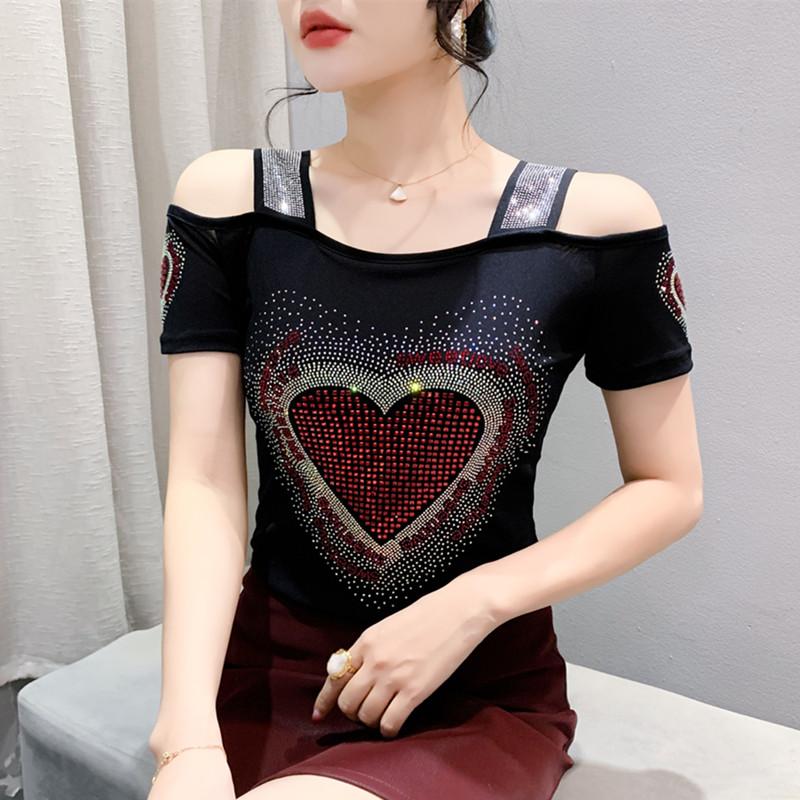 

New Summer Short Sleeved Women s T-Shirt Elegant Slim Shiny Love Heart Diamonds Mesh Tops Chic Girl Sexy Off Shoulder Tees M чорний