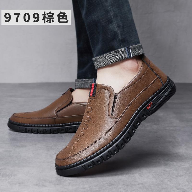 2025 Spring and Autumn New Men's Daily Casual Leather Shoes Men's Hand-stitched Genuine Leather Foot Cover Single Shoes Soft Leather 9709