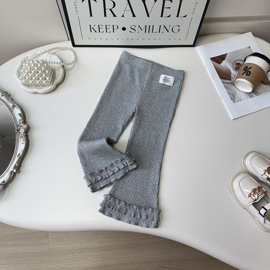 Girls' Casual Knit Flare Pants with Lace Trim