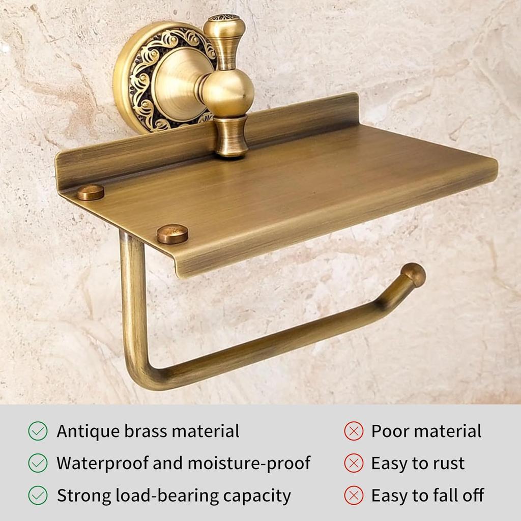 Toilet Paper Holder with Phone Shelf, Bathroom Toilet Paper Roll Holder Antique Bronze Brass Wall Mounted Bathroom Hardware Accessories,Pattern