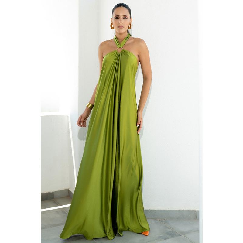 Women's Summer Long Dress Sexy Temperament Sleeveless Loose Satin Women's Halter Dress Fashion Elegant Solid Color A Line Casual Party Dresses