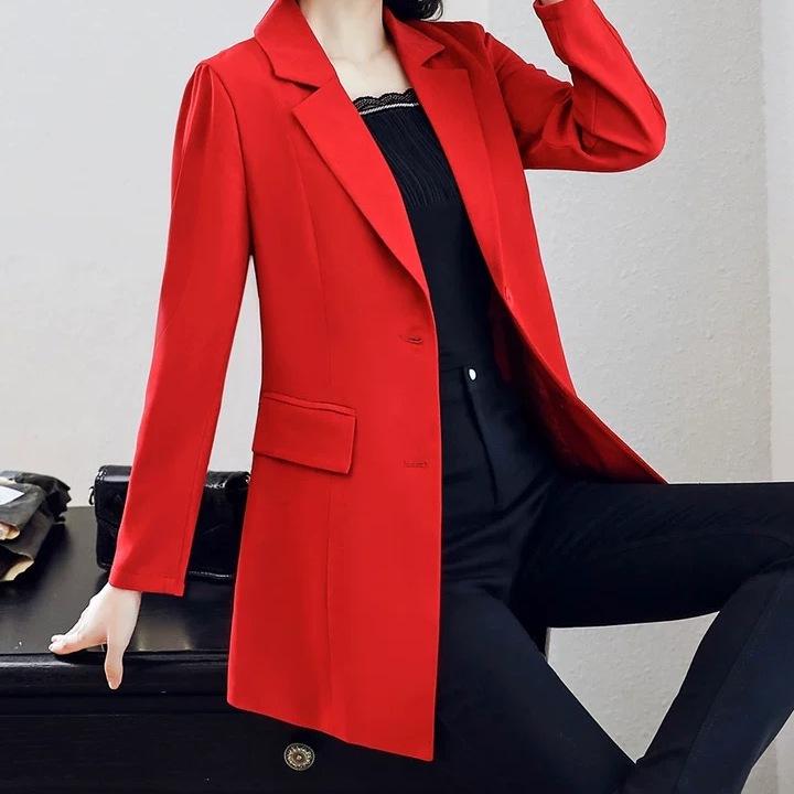 

Женский приталенный блейзер средней длины в корейском стиле 2025 - Весна и Осень, Большой размер, Длинный рукав XL (approx. 115-125 catties) ярко-красный