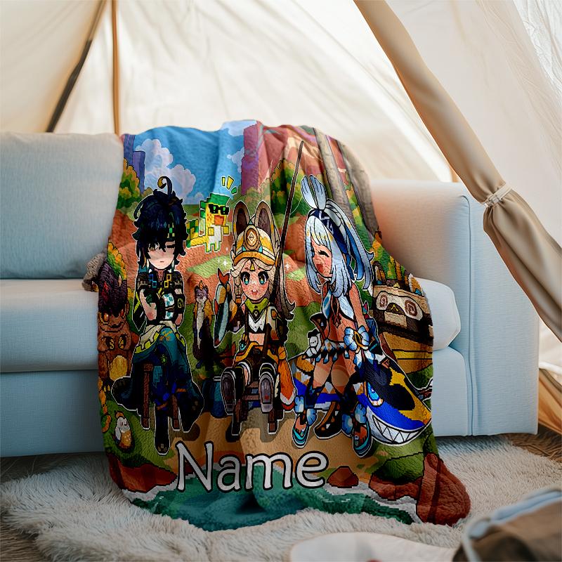 Pătură Personalizată cu Nume - Design cu Personaje Genshin Impact, Pătură pentru Canapea, Pat, Călătorii, Camping - Moale și Călduroasă, Cadou Minunat