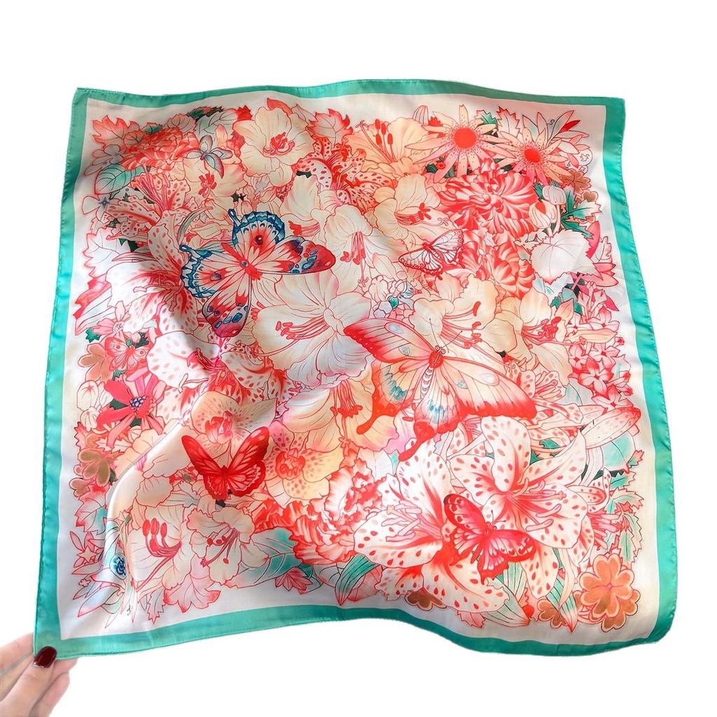 Spring new butterfly printing imitation silk square scarf women's high-end sunscreen small silk scarf versatile fashion neck shawl