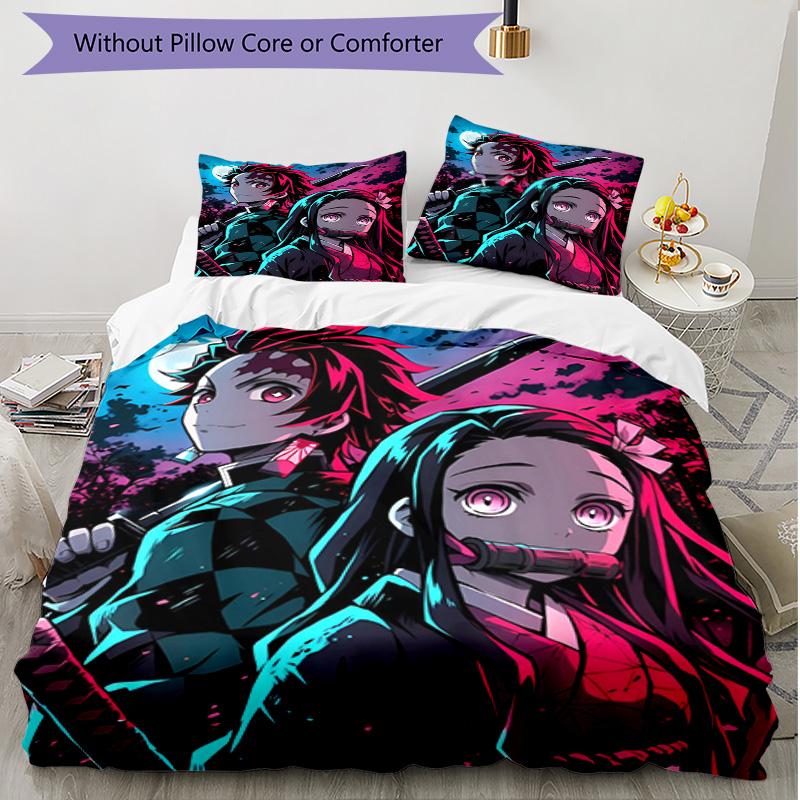 3pcs Duvet Cover Set (1*Duvet Cover + 2*Pillowcase, Without Core), Demon Slayer Print Soft All‑Season Bedding Set, Home Bedroom Decor Gift