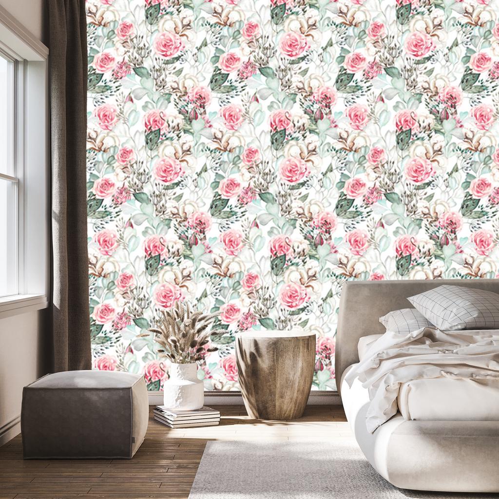 Roses and Eucalyptus Leaves Wallpaper In Watercolor Style 50x1000
