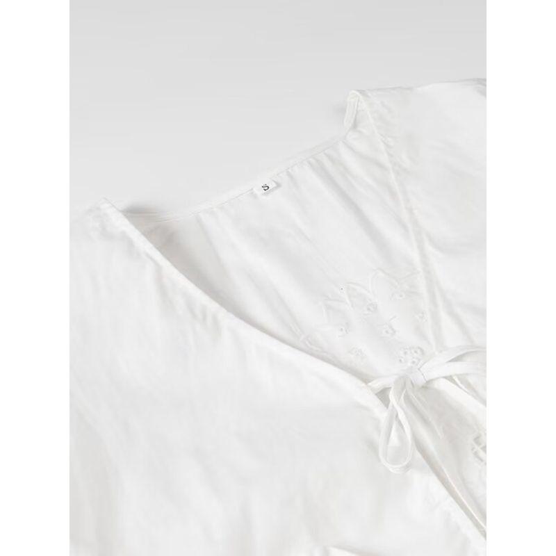 Kaslead New Arrival Women's Clothing Fashion Style Fashion All-Match Cut Out Embroidery Tie-Neck Shirt Tops