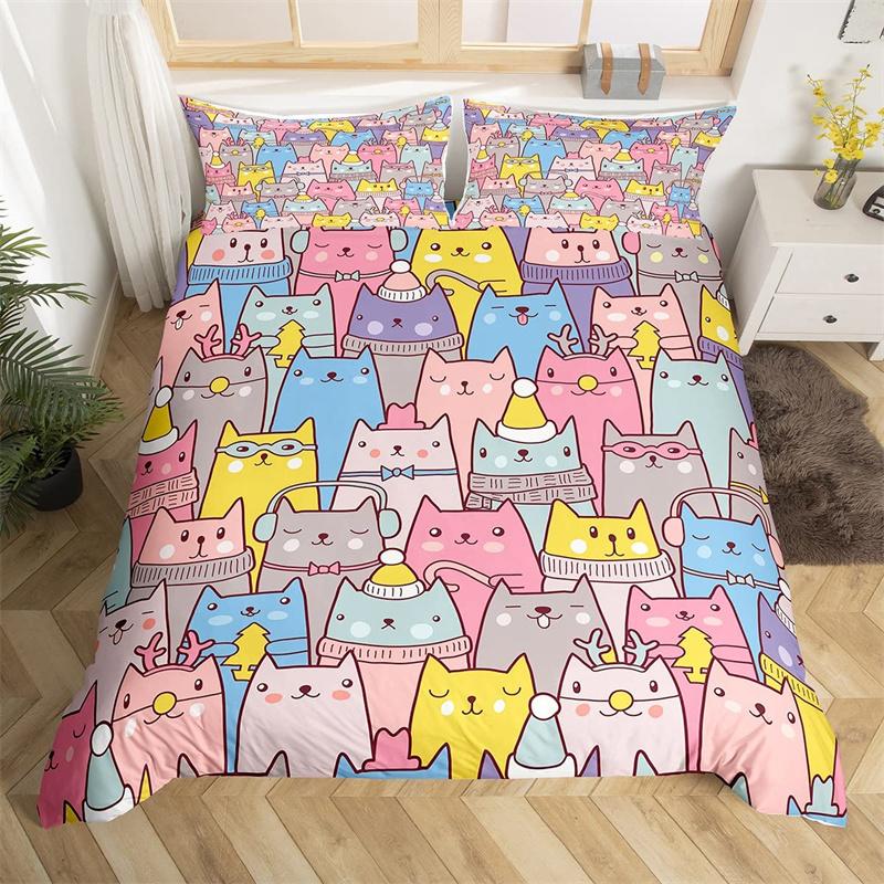 Cat Duvet Cover Polyester Pattern With Hipster Playful Feline Characters, Decorative 3 Piece Twin Bedding Set With 2 Pillow Sham