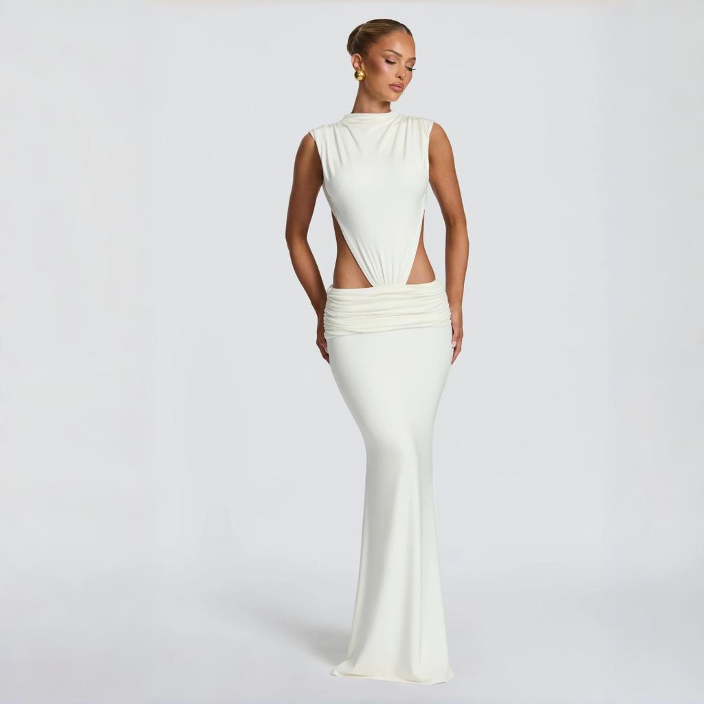 Women's new hollow pleated neck dress women's high-end sense halter waist sexy European and American style hip long