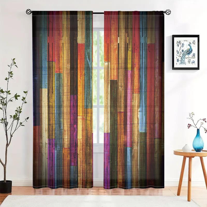 2 Pieces, Room Decoration Colored Wooden Board Printed Curtains, Living Room Bedroom Home Decoration Curtains
