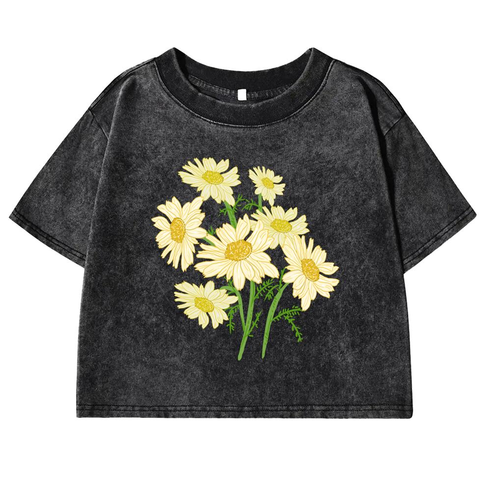 Yellow Flowers Craetive Prints Washed T-Shirt Women Slim Cotton T Shirts Short Sleeve Casual Crop Tops