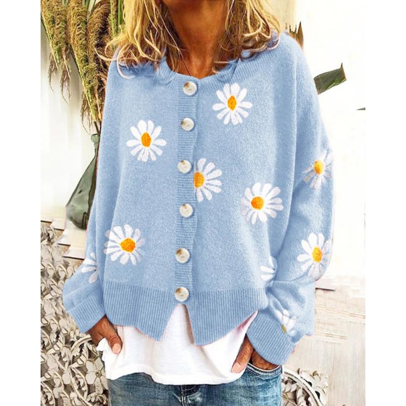Women S Long Sleeve Knit Cardigan Floral Embroidered Loose Fit Daily Urban Wear