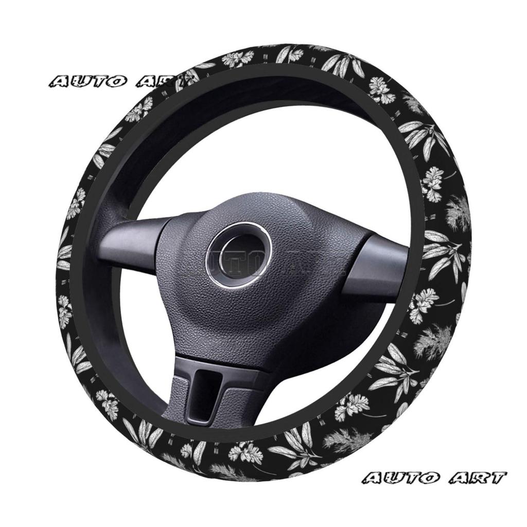 Herbs Flowers Plant White Black Car Steering Wheel Cover Protector Anti Slip Soft Car Interior Decor for Diverse Cars Truck