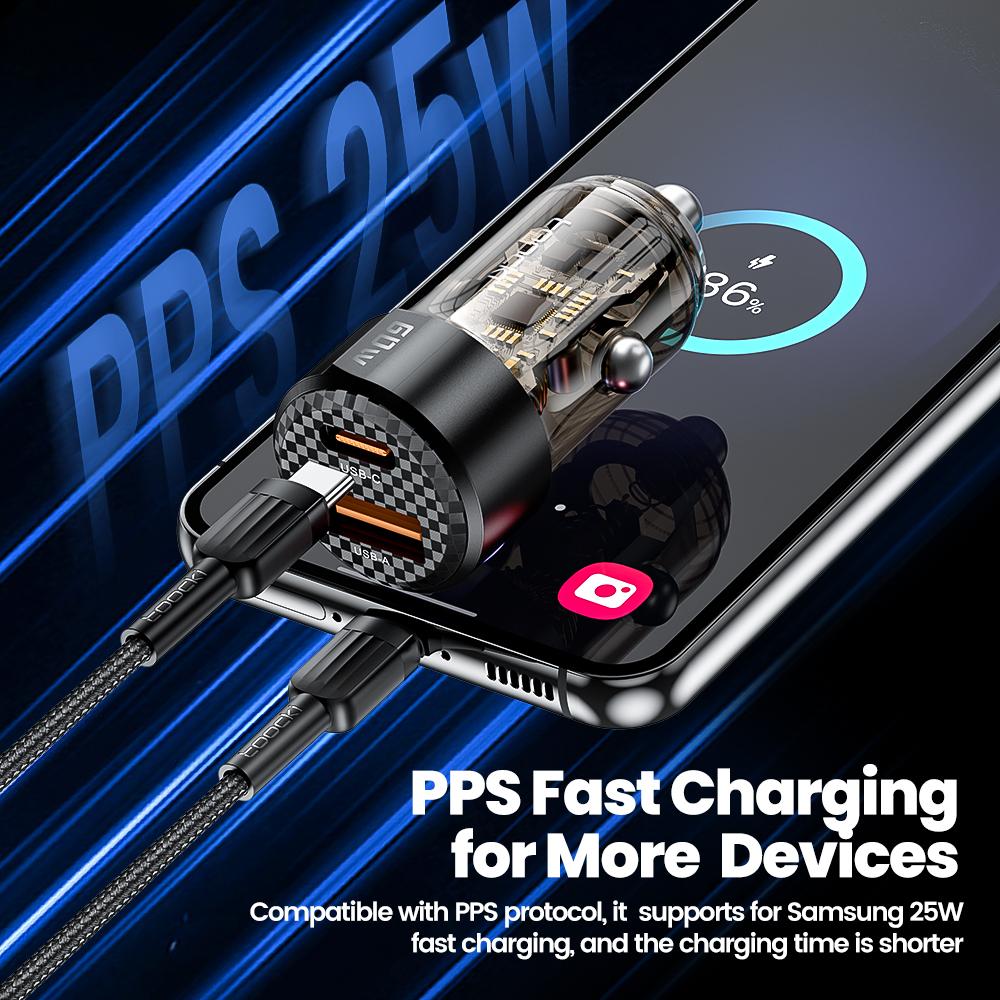 TOOCKI TQ-CC25A Car Charger 60W Dual Port USB-A and USB-C Fast Charging Adapter For Vehicle Use