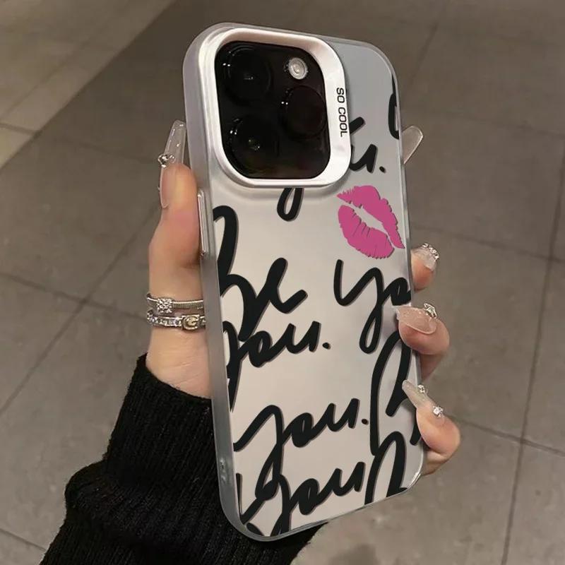 English Letter Lips Label Phone Case For iPhone 16 15 Pro Max 14 13 12 11 Pro XR XS 7 8 16 Plus SE2 Shockproof Cover